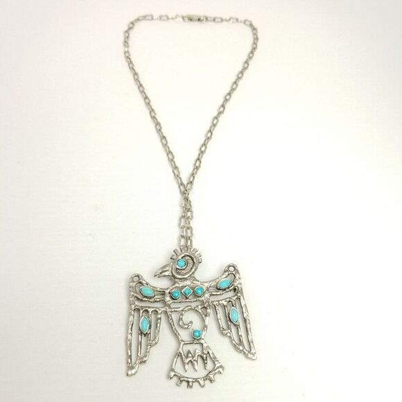 Vintage St Labre Thunderbird Southwestern Brooch Pendant Necklace Silver Tone - Picture 2 of 10